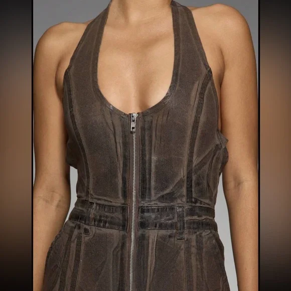 Brown Zipper front Halter Coated Denim Flare Hem Stretchy thick Jumpsuit - Picture 4 of 8